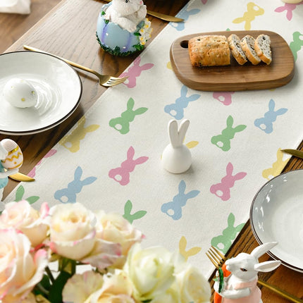 Green Pink Bunny Rabbit Easter Table Runner, Spring Kitchen Dining Table Decoration for Home Party Decor 13x72 Inch.