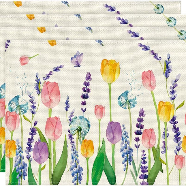 Lavender Tulip Spring Placemats for Dining Table, 12 x 18 Inch Summer Seasonal Holiday Decoration Rustic Vintage Washable Table Mats Set of 4.