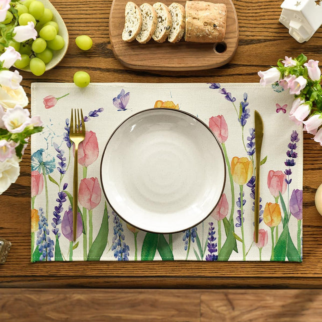 Lavender Tulip Spring Placemats for Dining Table, 12 x 18 Inch Summer Seasonal Holiday Decoration Rustic Vintage Washable Table Mats Set of 4.