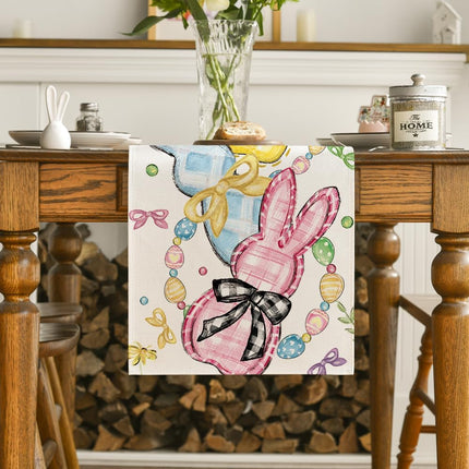 Floral Bow Bunny Rabbits Eggs Easter Table Runner, Seasonal Spring Kitchen Dining Table Decoration for Home Party Decor 13x72 Inch.