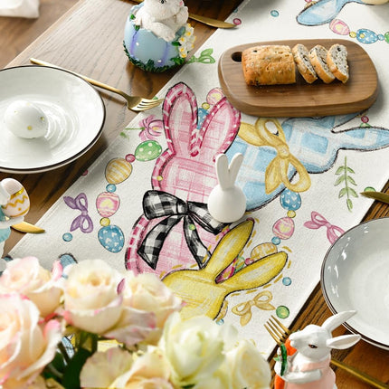 Floral Bow Bunny Rabbits Eggs Easter Table Runner, Seasonal Spring Kitchen Dining Table Decoration for Home Party Decor 13x72 Inch.