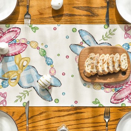 Floral Bow Bunny Rabbits Eggs Easter Table Runner, Seasonal Spring Kitchen Dining Table Decoration for Home Party Decor 13x72 Inch.