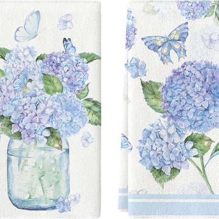Hydrangea Vase Butterfly Spring Kitchen Towels Dish Towels, 18x26 Inch Summer Flowers Holiday Decoration Hand Towels Set of 2.