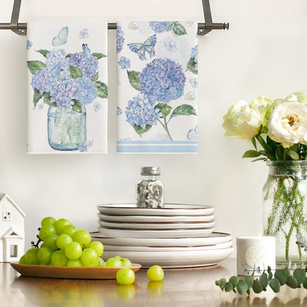 Hydrangea Vase Butterfly Spring Kitchen Towels Dish Towels, 18x26 Inch Summer Flowers Holiday Decoration Hand Towels Set of 2.
