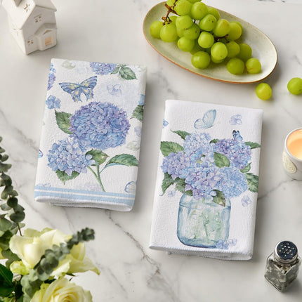 Hydrangea Vase Butterfly Spring Kitchen Towels Dish Towels, 18x26 Inch Summer Flowers Holiday Decoration Hand Towels Set of 2.
