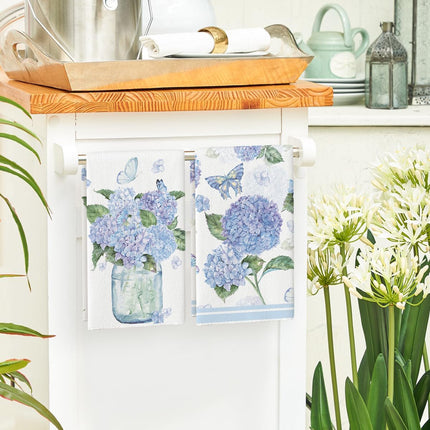 Hydrangea Vase Butterfly Spring Kitchen Towels Dish Towels, 18x26 Inch Summer Flowers Holiday Decoration Hand Towels Set of 2.
