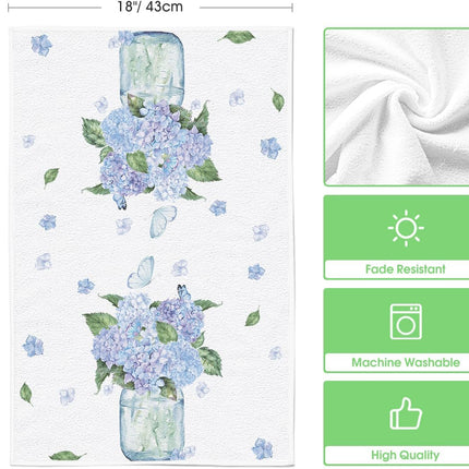 Hydrangea Vase Butterfly Spring Kitchen Towels Dish Towels, 18x26 Inch Summer Flowers Holiday Decoration Hand Towels Set of 2.
