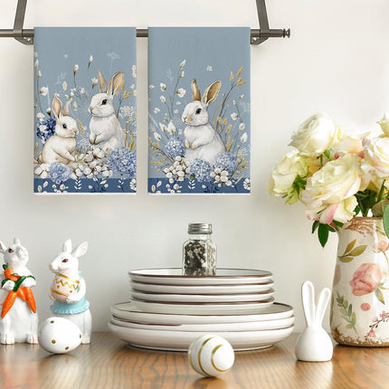 Bunny Hydrangea Easter Kitchen Towels Dish Towels, 18x26 Inch Spring Farmhouse Wild Flowers Decoration Hand Towels Set of 2.