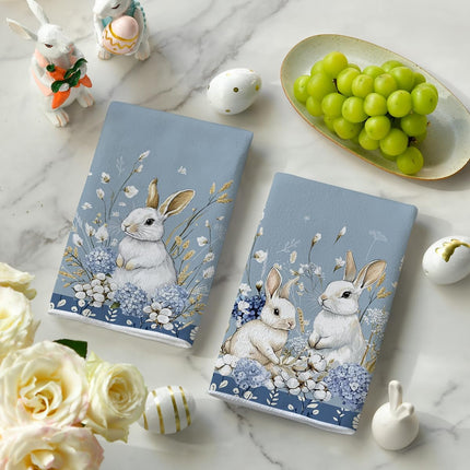 Bunny Hydrangea Easter Kitchen Towels Dish Towels, 18x26 Inch Spring Farmhouse Wild Flowers Decoration Hand Towels Set of 2.