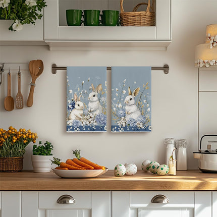 Bunny Hydrangea Easter Kitchen Towels Dish Towels, 18x26 Inch Spring Farmhouse Wild Flowers Decoration Hand Towels Set of 2.