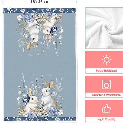 Bunny Hydrangea Easter Kitchen Towels Dish Towels, 18x26 Inch Spring Farmhouse Wild Flowers Decoration Hand Towels Set of 2.