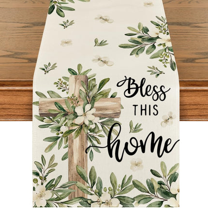Cross Olive Leaves Spring Table Runner,Seasonal Summer Easter Kitchen Dining Table Decoration for Home Party Decor 13x72 Inch.