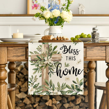 Cross Olive Leaves Spring Table Runner,Seasonal Summer Easter Kitchen Dining Table Decoration for Home Party Decor 13x72 Inch.