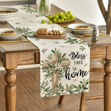 Cross Olive Leaves Spring Table Runner,Seasonal Summer Easter Kitchen Dining Table Decoration for Home Party Decor 13x72 Inch.