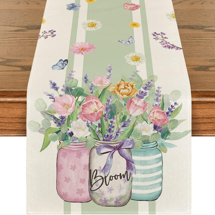 Vase Bloom Tulip Lavender Summer Table Runner, Seasonal Spring Kitchen Dining Table Decoration for Home Party Decor 13x72 Inch.