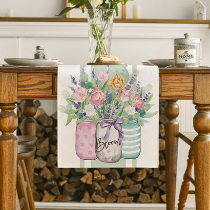 Vase Bloom Tulip Lavender Summer Table Runner, Seasonal Spring Kitchen Dining Table Decoration for Home Party Decor 13x72 Inch.