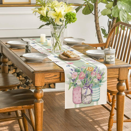 Vase Bloom Tulip Lavender Summer Table Runner, Seasonal Spring Kitchen Dining Table Decoration for Home Party Decor 13x72 Inch.