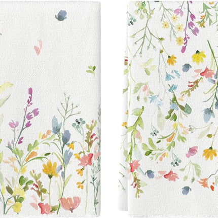 Wildflower Floral Spring Kitchen Towels Dish Towels, 18x26 Inch Farmhouse Summer Decoration Hand Towels Set of 2.