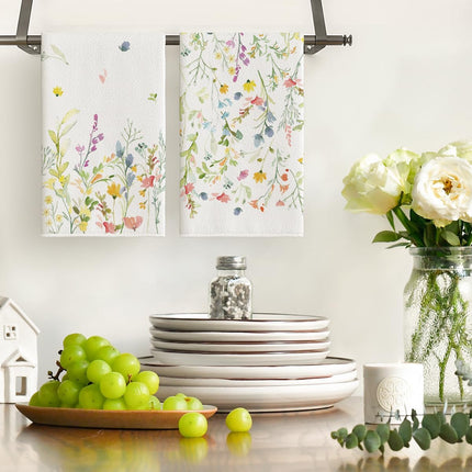 Wildflower Floral Spring Kitchen Towels Dish Towels, 18x26 Inch Farmhouse Summer Decoration Hand Towels Set of 2.
