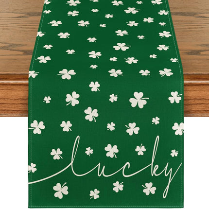 Green Lucky Shamrock St. Patrick's Day Table Runner, Seasonal Spring Holiday Kitchen Dining Table Decoration for Indoor Outdoor Home Party Decor 13 x 72 Inch.