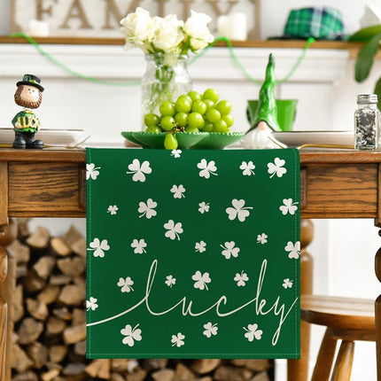 Green Lucky Shamrock St. Patrick's Day Table Runner, Seasonal Spring Holiday Kitchen Dining Table Decoration for Indoor Outdoor Home Party Decor 13 x 72 Inch.