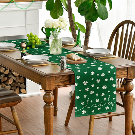 Green Lucky Shamrock St. Patrick's Day Table Runner, Seasonal Spring Holiday Kitchen Dining Table Decoration for Indoor Outdoor Home Party Decor 13 x 72 Inch.