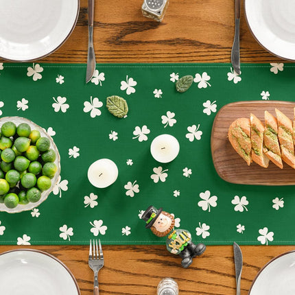 Green Lucky Shamrock St. Patrick's Day Table Runner, Seasonal Spring Holiday Kitchen Dining Table Decoration for Indoor Outdoor Home Party Decor 13 x 72 Inch.