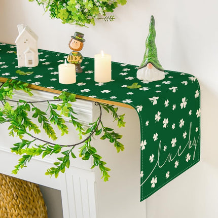 Green Lucky Shamrock St. Patrick's Day Table Runner, Seasonal Spring Holiday Kitchen Dining Table Decoration for Indoor Outdoor Home Party Decor 13 x 72 Inch.