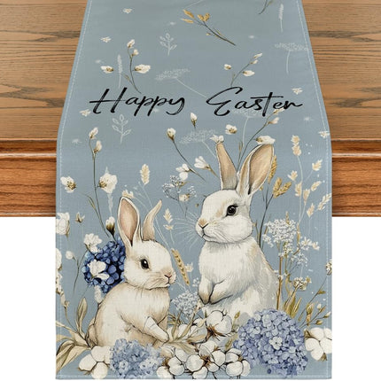 Bunny Rabbit Hydrangea Happy Easter Table Runner, Seasonal Spring Kitchen Dining Table Decoration for Home Party Decor 13x72 Inch.