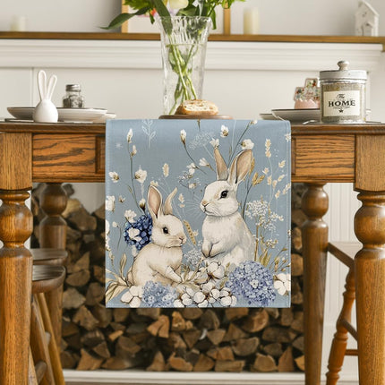 Bunny Rabbit Hydrangea Happy Easter Table Runner, Seasonal Spring Kitchen Dining Table Decoration for Home Party Decor 13x72 Inch.