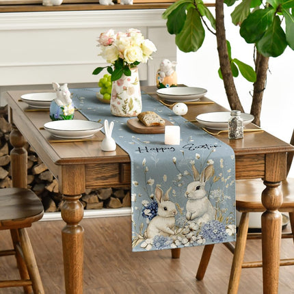 Bunny Rabbit Hydrangea Happy Easter Table Runner, Seasonal Spring Kitchen Dining Table Decoration for Home Party Decor 13x72 Inch.