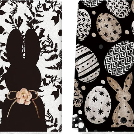 Black Bunny Eggs Flower Easter Kitchen Towels Dish Towels, 18x26 Inch Spring Farmhouse Leaves Decoration Hand Towels Set of 2.