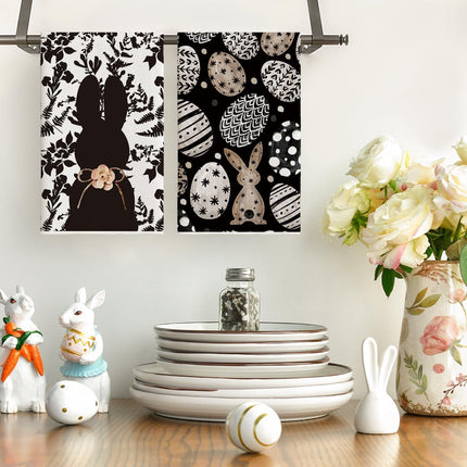 Black Bunny Eggs Flower Easter Kitchen Towels Dish Towels, 18x26 Inch Spring Farmhouse Leaves Decoration Hand Towels Set of 2.