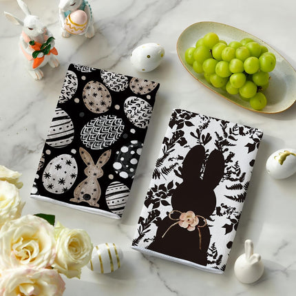 Black Bunny Eggs Flower Easter Kitchen Towels Dish Towels, 18x26 Inch Spring Farmhouse Leaves Decoration Hand Towels Set of 2.