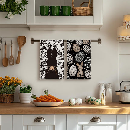 Black Bunny Eggs Flower Easter Kitchen Towels Dish Towels, 18x26 Inch Spring Farmhouse Leaves Decoration Hand Towels Set of 2.