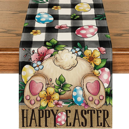 Buffalo Plaid Bunny Egg Flowers Happy Easter Table Runner, Seasonal Spring Kitchen Dining Table Decor for Home Party Decor 13x72 Inch.