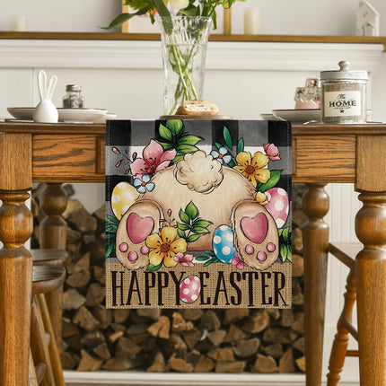 Buffalo Plaid Bunny Egg Flowers Happy Easter Table Runner, Seasonal Spring Kitchen Dining Table Decor for Home Party Decor 13x72 Inch.