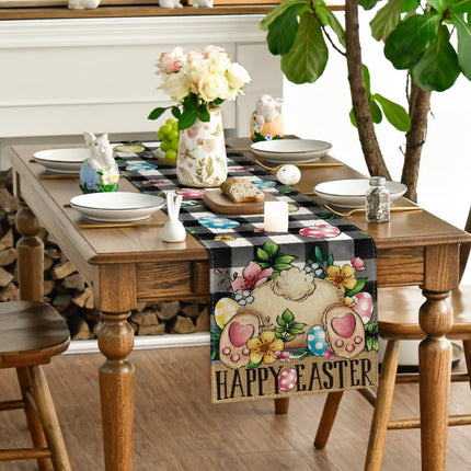 Buffalo Plaid Bunny Egg Flowers Happy Easter Table Runner, Seasonal Spring Kitchen Dining Table Decor for Home Party Decor 13x72 Inch.
