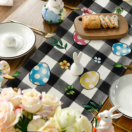 Buffalo Plaid Bunny Egg Flowers Happy Easter Table Runner, Seasonal Spring Kitchen Dining Table Decor for Home Party Decor 13x72 Inch.