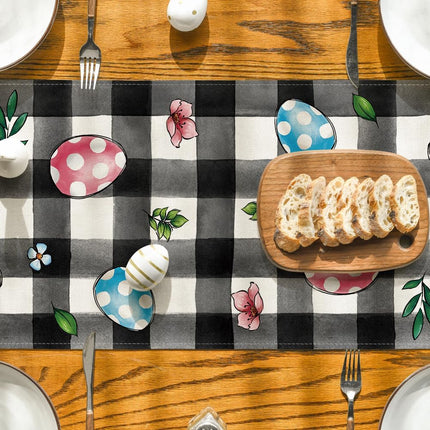Buffalo Plaid Bunny Egg Flowers Happy Easter Table Runner, Seasonal Spring Kitchen Dining Table Decor for Home Party Decor 13x72 Inch.