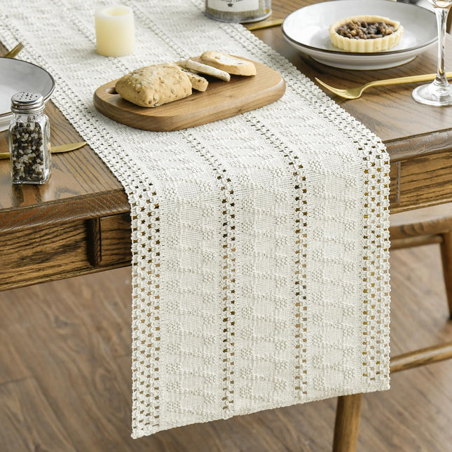 Beige Farmhouse Woven Rustic Hollow Table Runner, Seasonal Holiday Hollow Kitchen Dining Table Decoration for Home Party Decor 12x72 Inch.