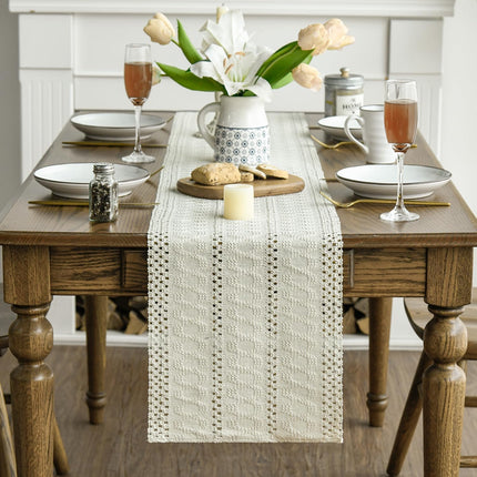 Beige Farmhouse Woven Rustic Hollow Table Runner, Seasonal Holiday Hollow Kitchen Dining Table Decoration for Home Party Decor 12x72 Inch.