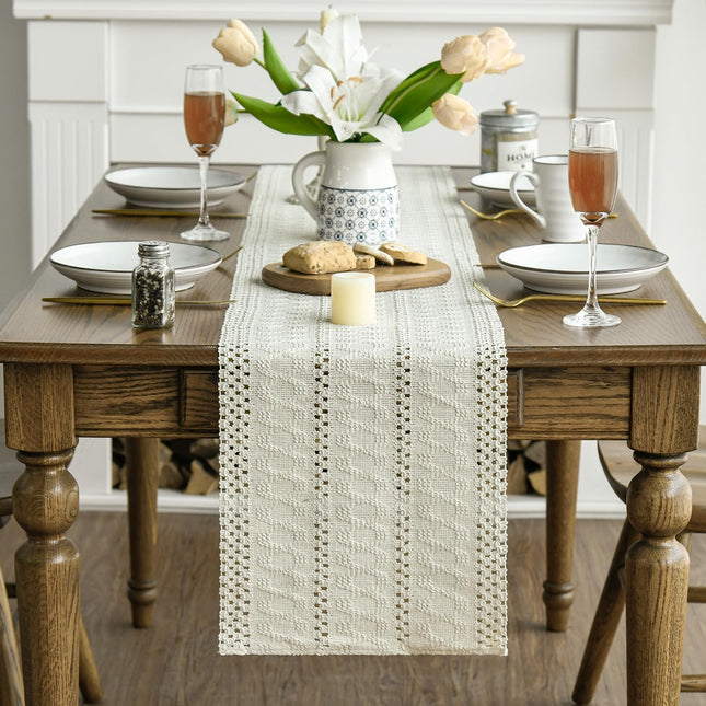 Beige Farmhouse Woven Rustic Hollow Table Runner, Seasonal Holiday Hollow Kitchen Dining Table Decoration for Home Party Decor 12x72 Inch.