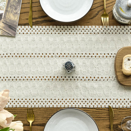Beige Farmhouse Woven Rustic Hollow Table Runner, Seasonal Holiday Hollow Kitchen Dining Table Decoration for Home Party Decor 12x72 Inch.