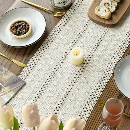Beige Farmhouse Woven Rustic Hollow Table Runner, Seasonal Holiday Hollow Kitchen Dining Table Decoration for Home Party Decor 12x72 Inch.