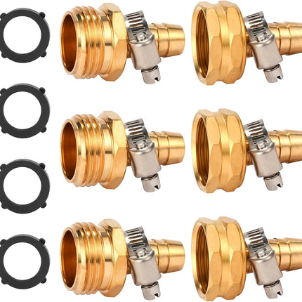 Brass Garden Hose Connector Repair Mender Kit with Stainless Clamp,Fits 1/2" Water Hose Fitting,3 Sets(1/2" Barb x 3/4" GHT).