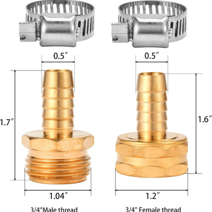 Brass Garden Hose Connector Repair Mender Kit with Stainless Clamp,Fits 1/2" Water Hose Fitting,3 Sets(1/2" Barb x 3/4" GHT).