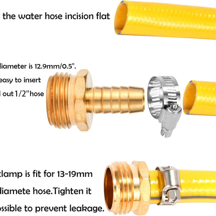 Brass Garden Hose Connector Repair Mender Kit with Stainless Clamp,Fits 1/2" Water Hose Fitting,3 Sets(1/2" Barb x 3/4" GHT).