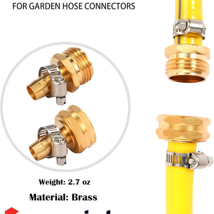 Brass Garden Hose Connector Repair Mender Kit with Stainless Clamp,Fits 1/2" Water Hose Fitting,3 Sets(1/2" Barb x 3/4" GHT).