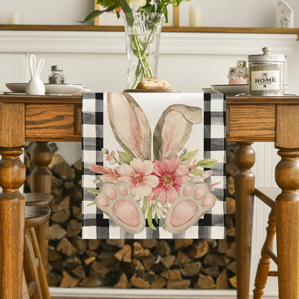 Buffalo Plaid Bunny Ear Foot Flower Easter Table Runner, Seasonal Spring Kitchen Dining Table Decoration for Home Party Decor 13x72 Inch.